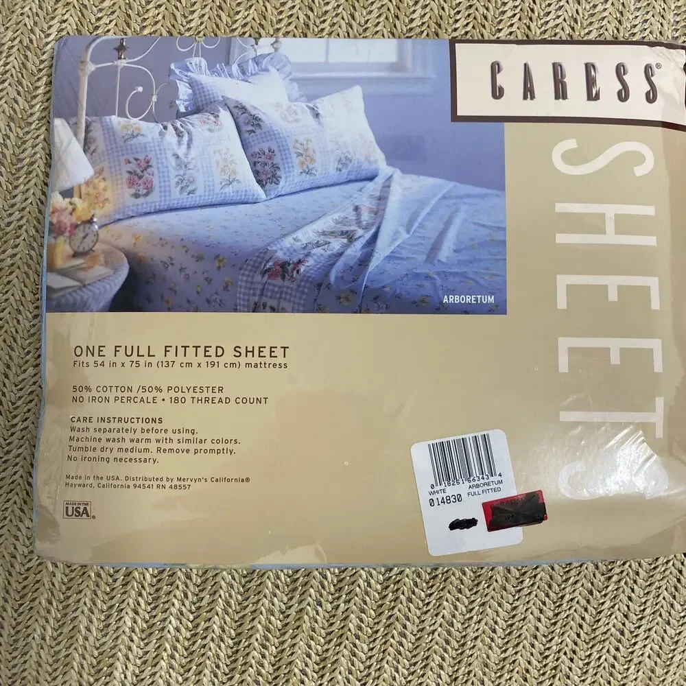 Vintage Caress Blue Arberetum Percale Full Fitted Sheet USA, Cottagecore NIP